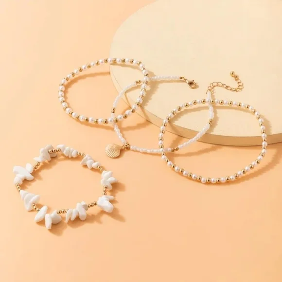 Summer Anklet Set Seashell Shell Gold Beaded - Picture 3 of 4